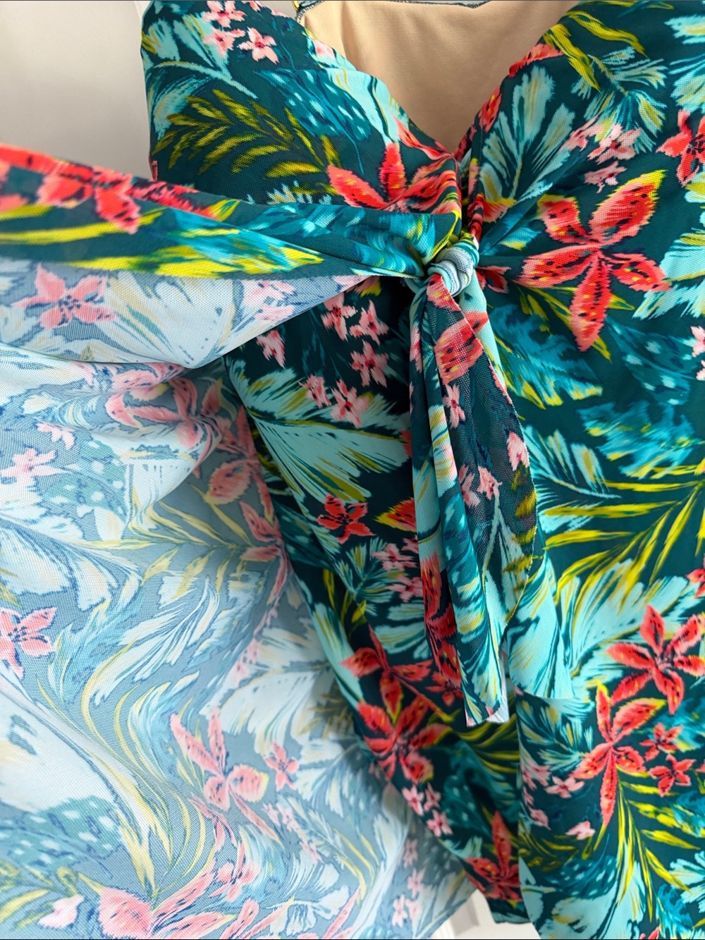 Tropical Floral Tie-Front one piece swimsuit Teal & Coral 18W - Picture 2 of 7